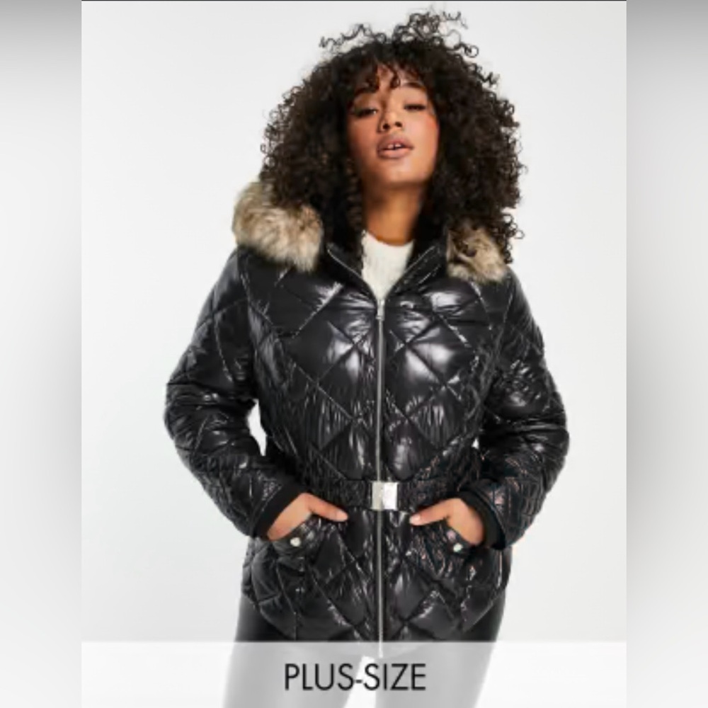 River Island Black Quilted Puffer with Faux Fur hood